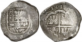 1638. Felipe IV. (Sevilla). (R). 8 reales. (AC. 1652). Oxidaciones. Muy rara, sólo hemos tenido otro ejemplar, el de la Colección Trastámara. 25,84 g....