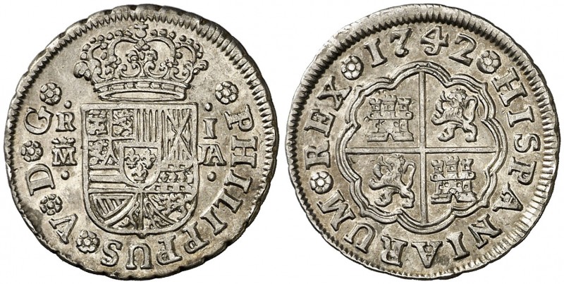 1742. Felipe V. Madrid. JA. 1 real. (AC. 459). Buen ejemplar. Ex Colección Isabe...