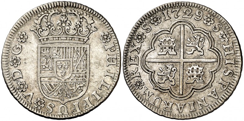 1729. Felipe V. Sevilla. 2 reales. (AC. 985). Buen ejemplar. 5,86 g. MBC+.