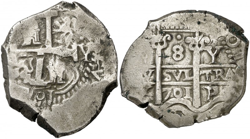 1701. Felipe V. Potosí. Y. 8 reales. (AC. 1535) (Paoletti 342A). Doble fecha. Ra...