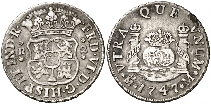 1747. Fernando VI. México. M. 2 reales. (AC. 285). Columnario. Buen ejemplar. Es...