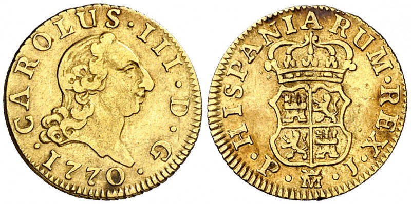 1770. Carlos III. Madrid. PJ. 1/2 escudo. (AC. 1254). 1,77 g. MBC-/MBC.