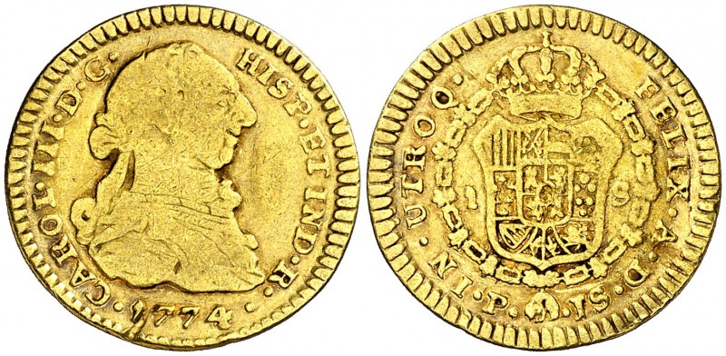 1774. Carlos III. Popayán. JS. 1 escudo. (AC. 1417) (Restrepo 54-6). Escasa. 3,2...