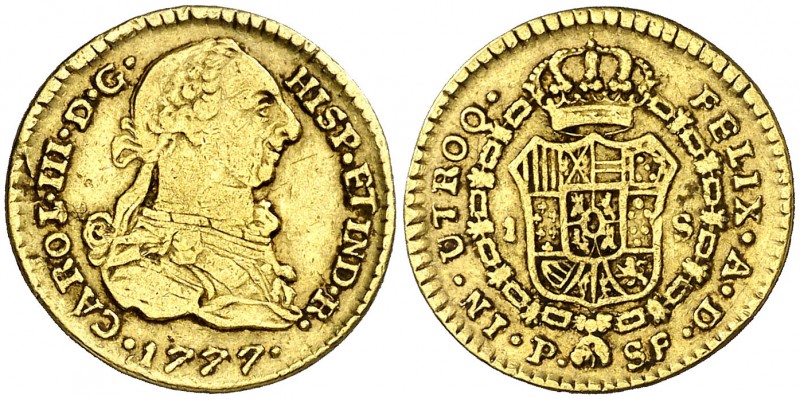 1777. Carlos III. Popayán. SF. 1 escudo. (AC. 1420) (Restrepo 54-10). Escasa. 3,...