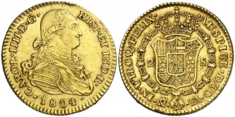 1804. Carlos IV. Madrid. FA. 2 escudos. (AC. 1310). Leves rayitas. 6,72 g. MBC+.