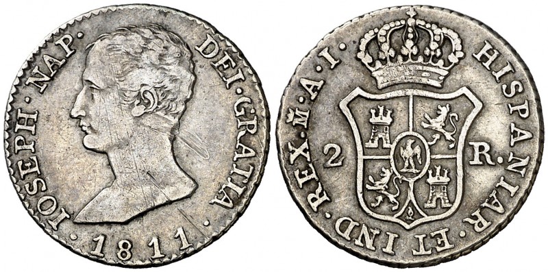 1811. José Napoleón. Madrid. AI. 2 reales. (AC. 9). Rayas. Buen ejemplar. Rara. ...