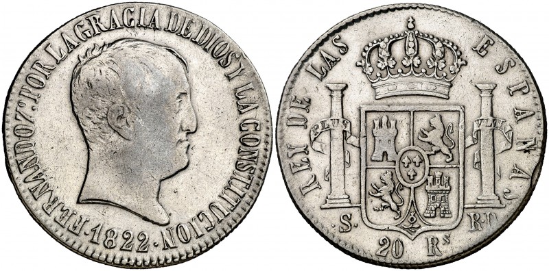 1822. Fernando VII. Sevilla. RD. 20 reales. (AC. 1422). Tipo "cabezón". Rara. 26...