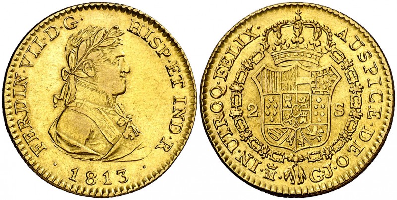 1813. Fernando VII. Madrid. GJ. 2 escudos. (AC. 1610). Segundo busto. Muy escasa...