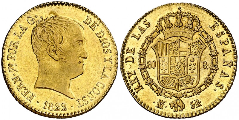 1822 Fernando VII. Madrid. SR. 80 reales. (AC. 1641). Tipo "cabezón". Parte de b...