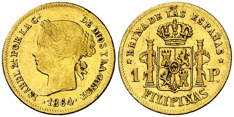 1864. Isabel II. Manila. 1 peso. (AC. 826). Leves marquitas. Parte de brillo ori...