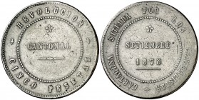 1873. Revolución Cantonal. Cartagena. 5 pesetas. (AC. 11). 86 perlas en anverso y 90 en reverso. Reverso no coincidente. Rayitas. 28,42 g. MBC-.