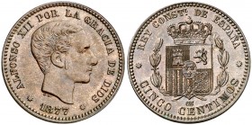 1877. Alfonso XII. Barcelona. OM. 5 céntimos. (AC. 4). Bella. Escasa así. 5,15 g. EBC+.