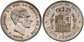1878. Alfonso XII. Barcelona. OM. 5 céntimos. (AC. 5). Leves marquitas. Bella. Brillo original. Escasa así. 5,09 g. EBC+.
