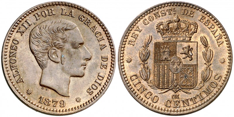1879. Alfonso XII. Barcelona. OM. 5 céntimos. (AC. 6). Mínimas rayitas. Atractiv...