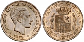 1879. Alfonso XII. Barcelona. OM. 5 céntimos. (AC. 6). Mínimas rayitas. Atractiva. 4,83 g. EBC/EBC+.