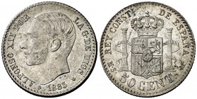1885*86. Alfonso XII. MSM. 50 céntimos. (AC. 14). Bella. Brillo original. 2,50 g. S/C-.