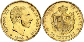 1884*1884. Alfonso XII. MSM. 25 pesetas. (AC. 89). Escasa. 8,08 g. MBC+.