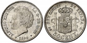 1894*94. Alfonso XIII. PGV. 50 céntimos. (AC. 43). Leves marquitas. Bella. Brillo original. 2,50 g. EBC+.
