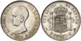 1892*1892. Alfonso XIII. PGM. 5 pesetas. (AC. 99). Tipo "pelón". Leves marquitas. Parte de brillo original. Escasa así. 24,76 g. EBC.