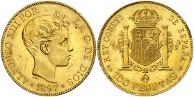 1897*1897. Alfonso XIII. SGV. 100 pesetas. (AC. 119). Golpecitos. Bella. Brillo original. Rara. 32,26 g. EBC+.
