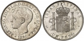 1897. Alfonso XIII. Manila. SGV. 1 peso. (AC. 122). Leves rayitas. Parte de brillo original. Escasa así. 24,85 g. EBC-.