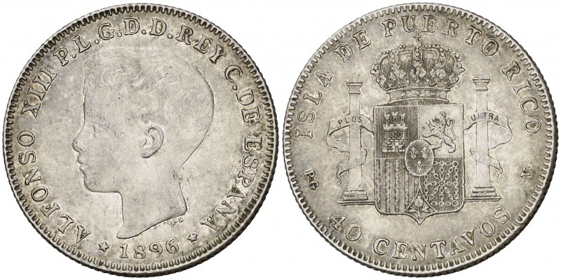 1896. Alfonso XIII. Puerto Rico. PGV. 40 centavos. (AC. 127). Leves marquitas. B...