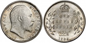 India británica. 1906. Eduardo VII. Calcuta. 1 rupia. (Kr. 508). Parte de brillo original. Escasa. AG. 11,66 g. EBC.