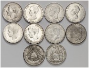 Lote formado por 7 monedas de 5 pesetas (1871 a 1898), 8 reales de México 1842, 1 sol de Perú 1885 y 1 dólar 1880. Total 10 piezas. A examinar. BC+/EB...