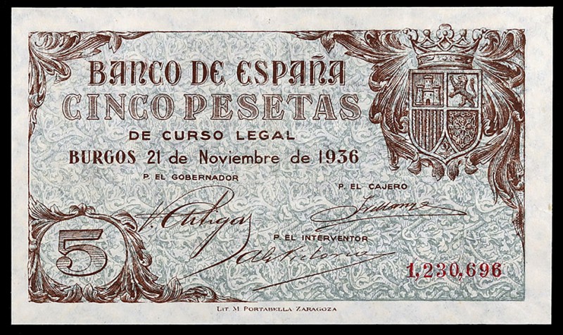 1936. Burgos. 5 pesetas. (Ed. D18) (Ed. 417). 21 de noviembre. Mínimo doblez, pe...