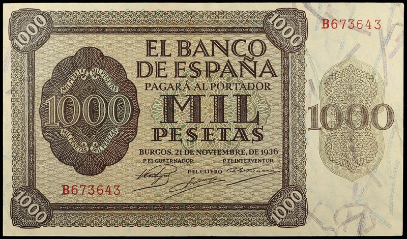 1936. 1000 pesetas. (Ed. D24a) (Ed. 423a). 21 de noviembre. Serie B. Levísimo do...