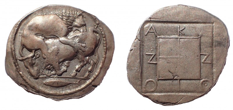 Macedon. Akanthos 470-430 BC. Tetradrachm AR 31 mm. 17.1 gm. Obv: Lion to right,...