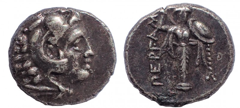 Mysia, Pergamon, ca. 310-282 BC. AR Diobol, 11 mm, 1.4 gm. Obv: Head of Herakles...