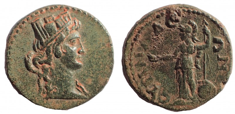 Phrygia. Synnada. (Circa 1st century BC) Ae 19 mm. 3.6 gm. Obv: Turreted and dra...