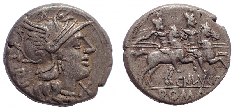 Cn. Lucretius Trio. 136 BC. AR Denarius 19 mm. 3.9 gm. Rome mint. Helmeted head ...