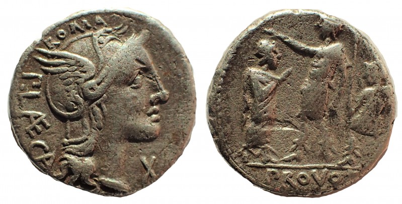 P. Laeca. 110-109 BC. AR Denarius 18 mm. 3.7 gm. Rome mint. Obv: Helmeted head o...