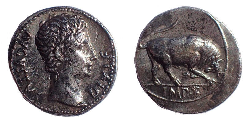 Augustus 31 BC to AD 14. Ar denarius, c. 15 BC. 19 mm. 4.1 gm. Lugdunum mint. Ob...