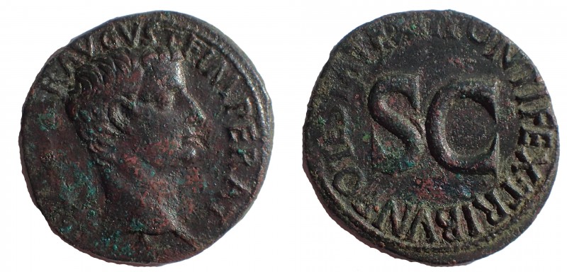 Tiberius, as Caesar, 4-14 AD. Æ As, 27 mm, 11.42 gm. Rome mint. Struck under Aug...