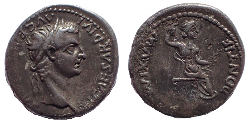 Tiberius, AD 36-37. AR Denarius. 19 mm. 3.6 gm. Lugdunum mint. Obv: TI CAESAR DI...
