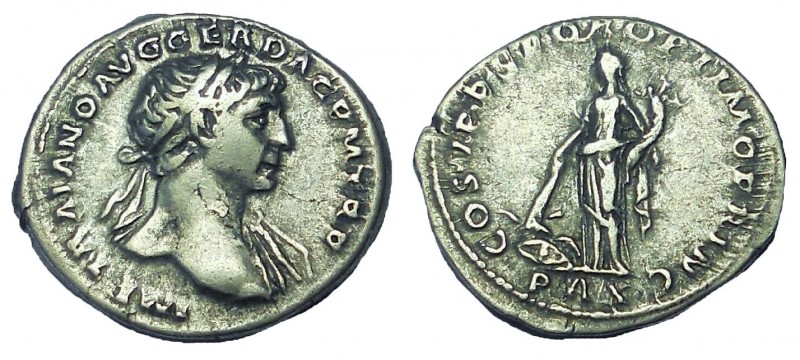 Trajan. AD 98-117. AR Denarius 20 mm, 3.3 gm. Rome mint. Struck circa AD 107-111...