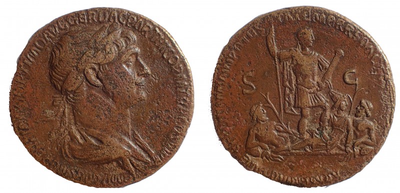 Trajan. 98-117 AD. Æ Sestertius 32 mm. 26.1 gm. Struck 116-117 AD. Obv: IMP CAES...