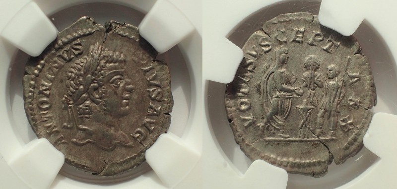 Caracalla (AD 198-217). AR denarius 19 mm. 3.37 gm. NGC AU 4/5 - 4/5. Rome, AD 2...