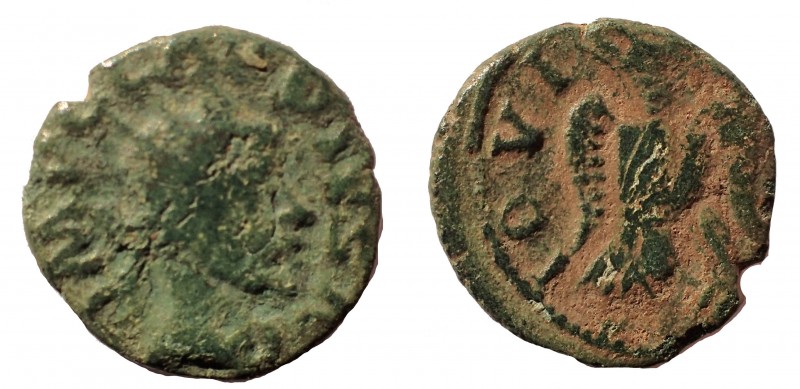 Claudius II, AD 268-270. Ae 12 mm. 1.0 gm. Obv: IMP CLAVDIVS A, Radiate bust rig...