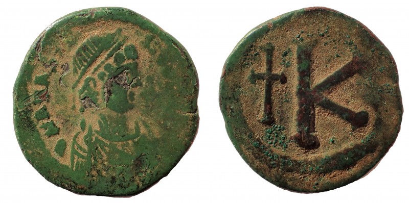 Anastasius, AD 491-518. Æ 20 nummi, 20 mm. 4.4 gm. Constantinople mint. Obv: Dia...