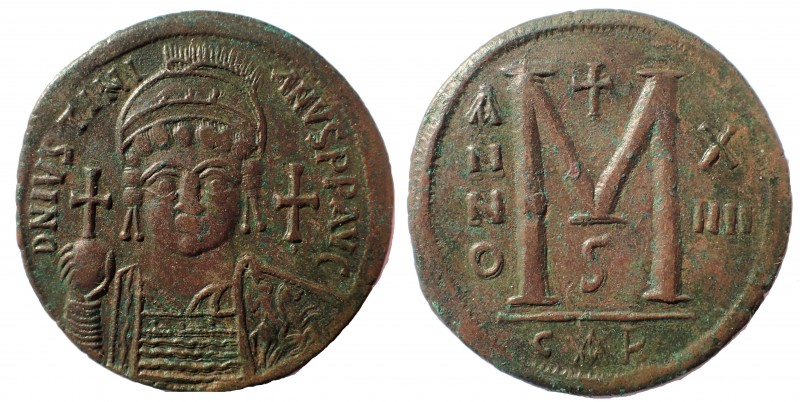 Justinian I. 527-565. Æ Follis 38 mm. 22.6 gm. Carthage mint, 6th officina. Date...