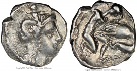 CALABRIA. Tarentum. Ca. 380-280 BC. AR diobol (12mm, 3h). NGC Choice VF. Ca. 325-280 BC. Head of Athena right, wearing crested Attic helmet decorated ...