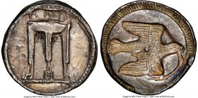 BRUTTIUM. Croton. Ca. 480-430 BC. AR stater or nomos (21mm, 7.25 gm, 10h). NGC XF 4/5 - 2/5, smoothing, overstruck. ϘPO, ornamented sacrificial tripod...