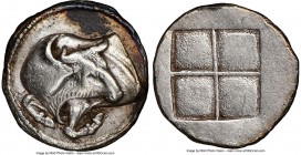 MACEDON. Acanthus. Ca. 5th-4th centuries BC. AR tetrobol (16mm). NGC Choice VF, brushed. Forepart of bull facing left, head reverted; dotted border / ...