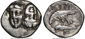 MOESIA. Istrus. 4th century BC. AR drachm (19mm, 1h). NGC VF. Two facing male heads; the right inverted / IΣTPIH, sea-eagle left, grasping dolphin lef...