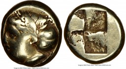 IONIA. Phocaea. Ca. 387-326 BC. EL sixth-stater or hecte (10mm, 2.54 gm). NGC Choice Fine 4/5 - 4/5. Laureate female head left, hair in saccos; seal r...