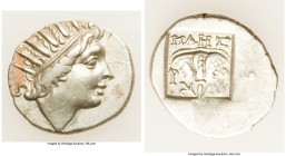 CARIAN ISLANDS. Rhodes. Ca. 88-84 BC. AR drachm (16mm, 2.47 gm, 12h). About XF. Plinthophoric standard, Maes, magistrate. Radiate head of Helios right...